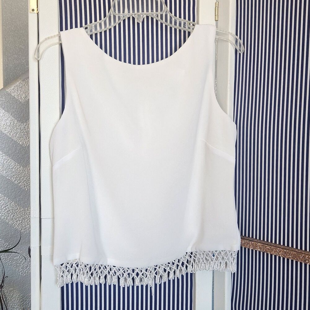 Vintage ivory sleeveless lattice beaded blouse top Size 10